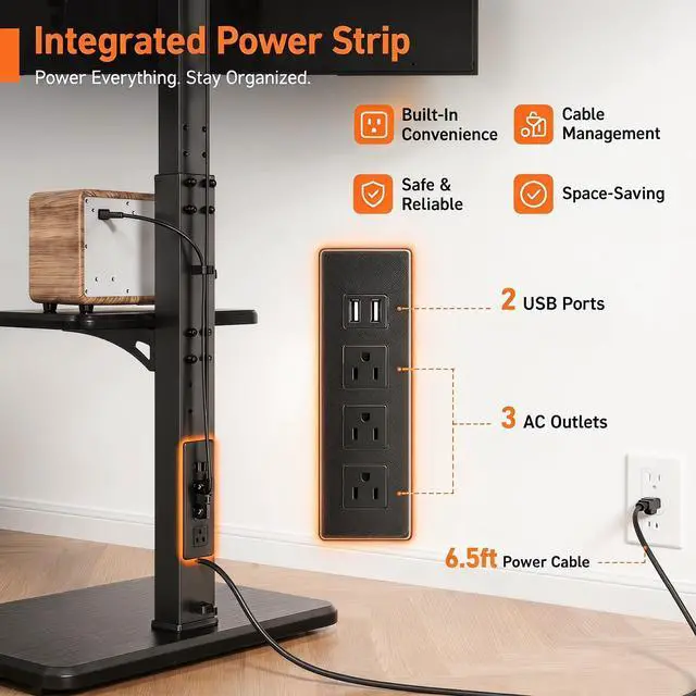 Alt view image 2 of 7 - Floor TV Stand with Power Outlet, Universal TV Stand for 32-75 inch TVs up to 110 lbs, Height Adjustable Standing TV Mount, Tall TV Mount with Wood Base, Max VESA 600x400mm, PGFS06