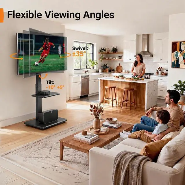 Alt view image 4 of 7 - Floor TV Stand with Power Outlet, Universal TV Stand for 32-75 inch TVs up to 110 lbs, Height Adjustable Standing TV Mount, Tall TV Mount with Wood Base, Max VESA 600x400mm, PGFS06