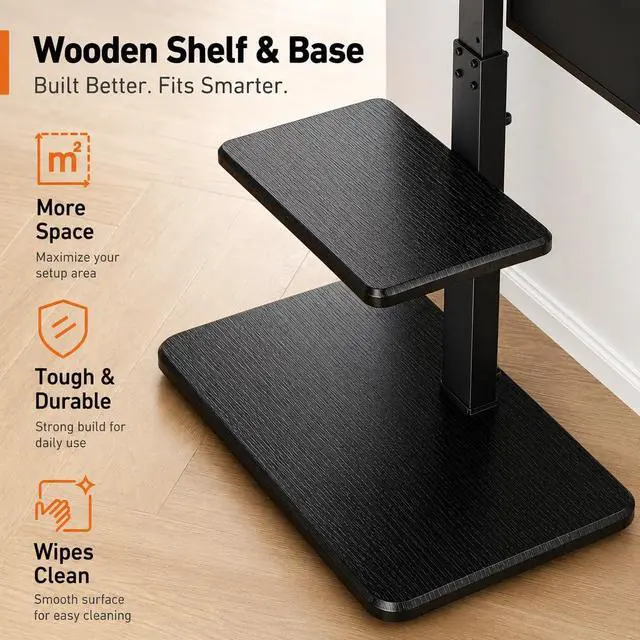 Alt view image 6 of 7 - Floor TV Stand with Power Outlet, Universal TV Stand for 32-75 inch TVs up to 110 lbs, Height Adjustable Standing TV Mount, Tall TV Mount with Wood Base, Max VESA 600x400mm, PGFS06