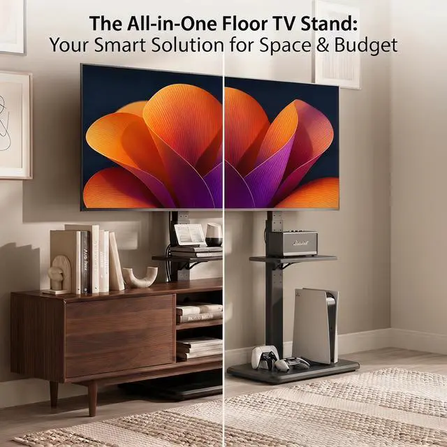 Alt view image 7 of 7 - Floor TV Stand with Power Outlet, Universal TV Stand for 32-75 inch TVs up to 110 lbs, Height Adjustable Standing TV Mount, Tall TV Mount with Wood Base, Max VESA 600x400mm, PGFS06