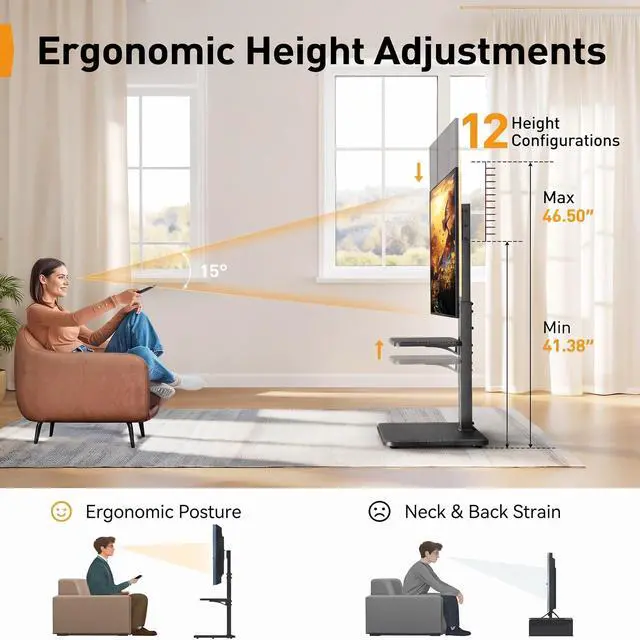 Alt view image 5 of 7 - Floor TV Stand with Power Outlet, Universal TV Stand for 32-75 inch TVs up to 110 lbs, Height Adjustable Standing TV Mount, Tall TV Mount with Wood Base, Max VESA 600x400mm, PGFS06