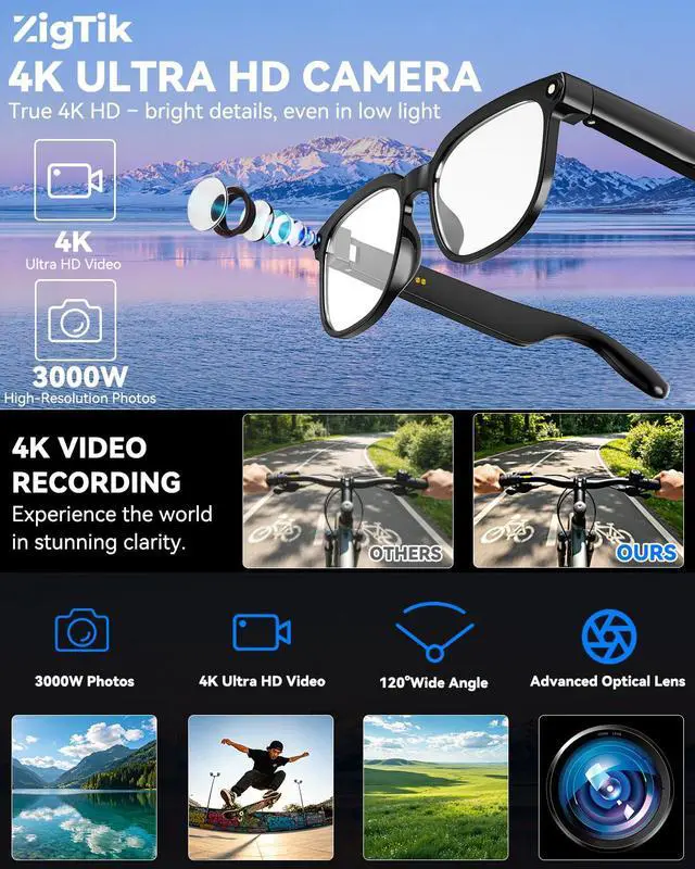 Alt view image 3 of 7 - Smart Glasses with Camera, 4K Anti-Shake, 8MP Camera Glasses, Real Time Translation, AI Voice Assistant, Object Recognition, Smart Glasses for Men, for Travel/Meetings/VlogPhotochromic