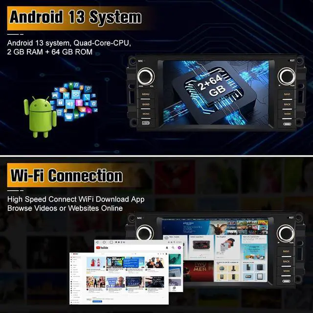 Alt view image 4 of 7 - 64GB Car Stereo for Jeep Wrangler JK 2007-2018 Dodge Ram 2008-2012 | 7" Touch Screen Jeep Wrangler Compass Carplay Radio Ram 1500 2500 3500 with WiFi GPS AM FM Android Auto