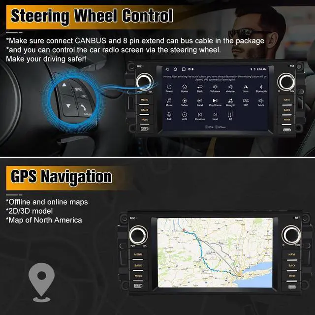 Alt view image 5 of 7 - 64GB Car Stereo for Jeep Wrangler JK 2007-2018 Dodge Ram 2008-2012 | 7" Touch Screen Jeep Wrangler Compass Carplay Radio Ram 1500 2500 3500 with WiFi GPS AM FM Android Auto