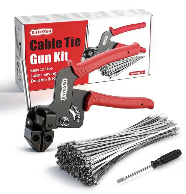 Main image of 112-Piece Cable Tie Gun Kit, 11.8 Inch 304 Stainless Steel Zip Ties | Includes 110 Metal Zip Ties and Release Tool; Gun Tightens and Cuts for Fence, Exhaust Pipe, Chicken Coop, Farm and Cables