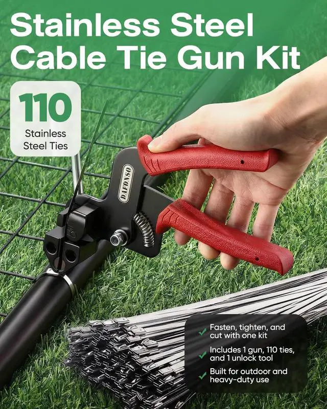 Alt view image 2 of 7 - 112-Piece Cable Tie Gun Kit, 11.8 Inch 304 Stainless Steel Zip Ties | Includes 110 Metal Zip Ties and Release Tool; Gun Tightens and Cuts for Fence, Exhaust Pipe, Chicken Coop, Farm and Cables