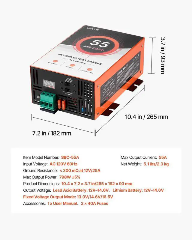 Alt view image 7 of 7 - RV Power Converter, 55 Amp, 110V AC to 12V DC RV Converter Battery Charger, Multi Stage Smart Charging, 13V to 16.5V Operating Range, Compatible with Lithium & Lead Acid Battery, for Camper