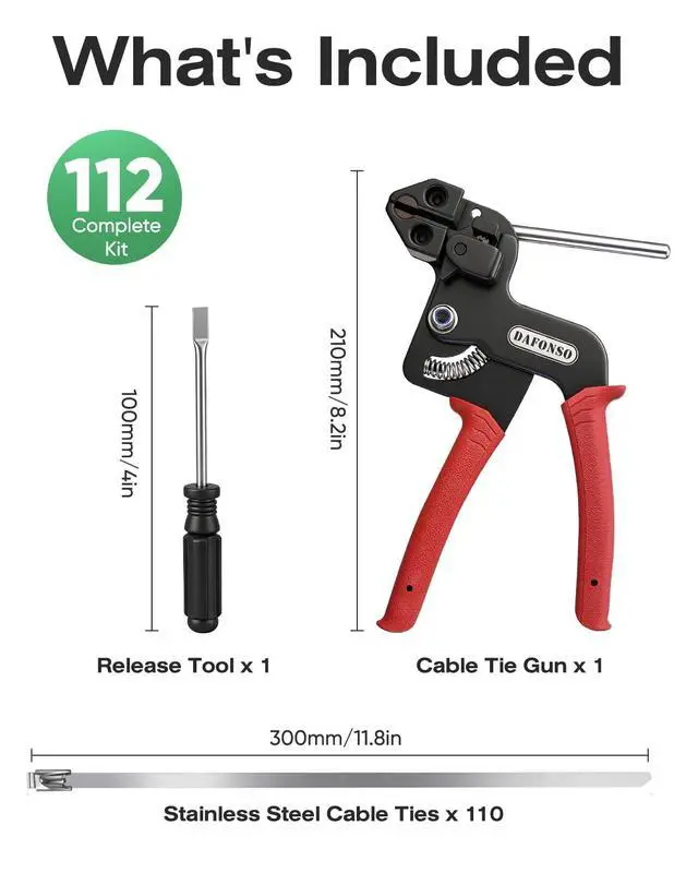 Alt view image 7 of 7 - 112-Piece Cable Tie Gun Kit, 11.8 Inch 304 Stainless Steel Zip Ties | Includes 110 Metal Zip Ties and Release Tool; Gun Tightens and Cuts for Fence, Exhaust Pipe, Chicken Coop, Farm and Cables