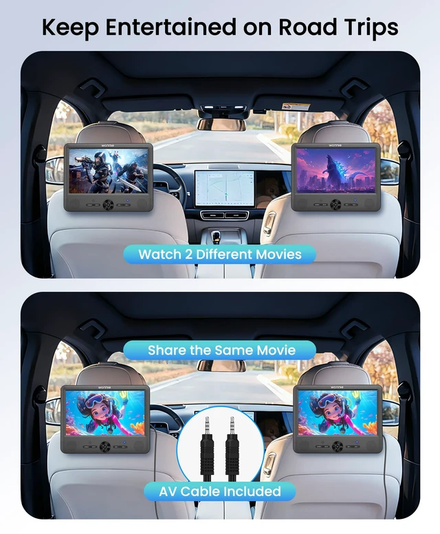 Alt view image 2 of 7 - 10" Car DVD Players, Portable DVD Player Dual Screen Play the Same or Two Different Movies with 5 Hours Rechargeable Battery, 2 AC Adapters, Headrest Mounts, All Regions, Support USB/SD/Sync TV