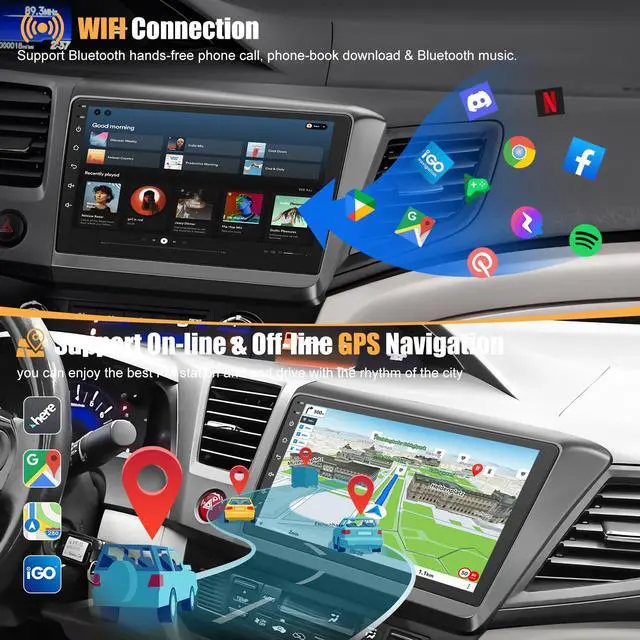 Alt view image 7 of 7 - 4G+64G Car Radio for Honda Civic 2012-2015 with Wireless Carpaly & Android Auto,9 Inch IPS Touch Screen Car Stereo with GPS Navigation/Bluetooth 5.2/FM/Backup Camera/WiFi/SWC/HiFi