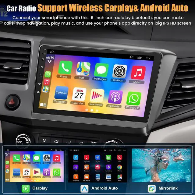 Alt view image 4 of 7 - 4G+64G Car Radio for Honda Civic 2012-2015 with Wireless Carpaly & Android Auto,9 Inch IPS Touch Screen Car Stereo with GPS Navigation/Bluetooth 5.2/FM/Backup Camera/WiFi/SWC/HiFi
