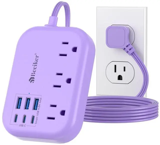 Main image of 6 USB (3 USB C) Purple Travel Power Strip, 5Ft Extension Cord, 3 Outlets | 24W USB Charging Station,5Ft Purple Extension Cord,Desk Accessories,For Cruise Travel,Kawaii Lavender,Home Office Dorm Room