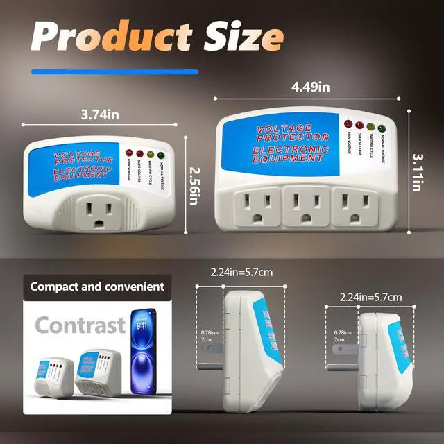 Alt view image 2 of 7 - Surge Protector Power Strip for Home Appliance, 3 Outlet Power Surge Protector, Voltage Protector Brownout Surge Refrigerator 1875W, 120V, 15A, 1 Pack