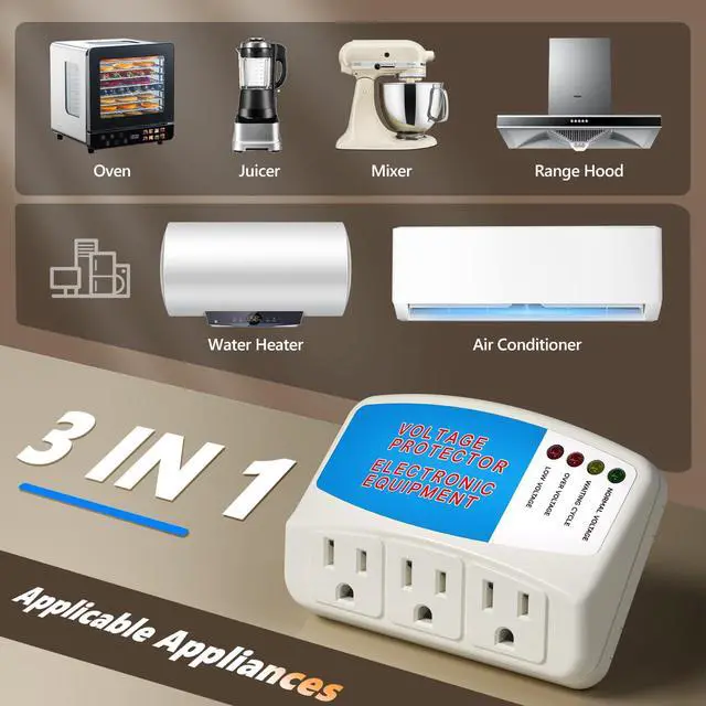Alt view image 6 of 7 - Surge Protector Power Strip for Home Appliance, 3 Outlet Power Surge Protector, Voltage Protector Brownout Surge Refrigerator 1875W, 120V, 15A, 1 Pack