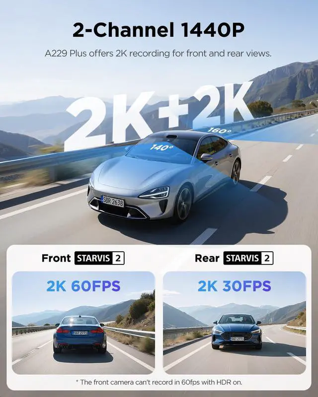 Alt view image 2 of 7 - A229 Plus Dash Cam Front and Rear, 2K Dual STARVIS 2 Sensors & HDR | 1440P+1440P Car Dash Camera, 5GHz Wi-Fi, Smart Voice Control, Ultra-Precise GPS, Built-in Supercapacitor, 24H Parking Modes