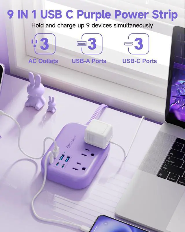 Alt view image 2 of 7 - 6 USB (3 USB C) Purple Travel Power Strip, 5Ft Extension Cord, 3 Outlets | 24W USB Charging Station,5Ft Purple Extension Cord,Desk Accessories,For Cruise Travel,Kawaii Lavender,Home Office Dorm Room