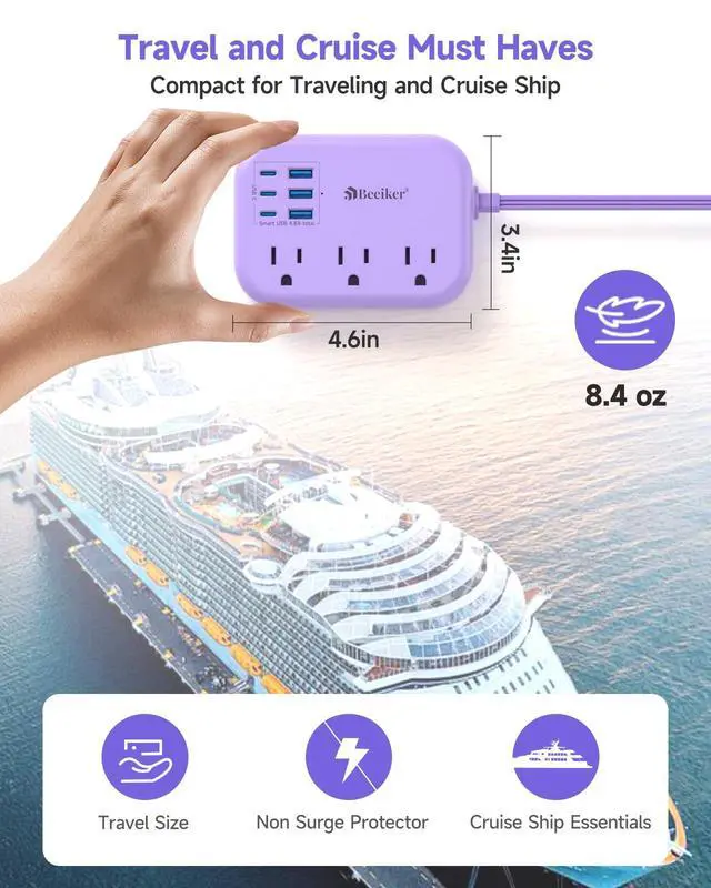 Alt view image 4 of 7 - 6 USB (3 USB C) Purple Travel Power Strip, 5Ft Extension Cord, 3 Outlets | 24W USB Charging Station,5Ft Purple Extension Cord,Desk Accessories,For Cruise Travel,Kawaii Lavender,Home Office Dorm Room