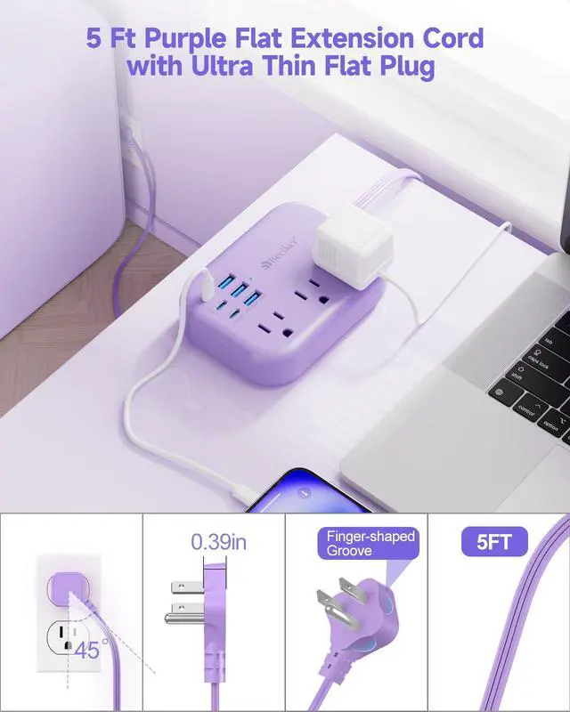 Alt view image 5 of 7 - 6 USB (3 USB C) Purple Travel Power Strip, 5Ft Extension Cord, 3 Outlets | 24W USB Charging Station,5Ft Purple Extension Cord,Desk Accessories,For Cruise Travel,Kawaii Lavender,Home Office Dorm Room