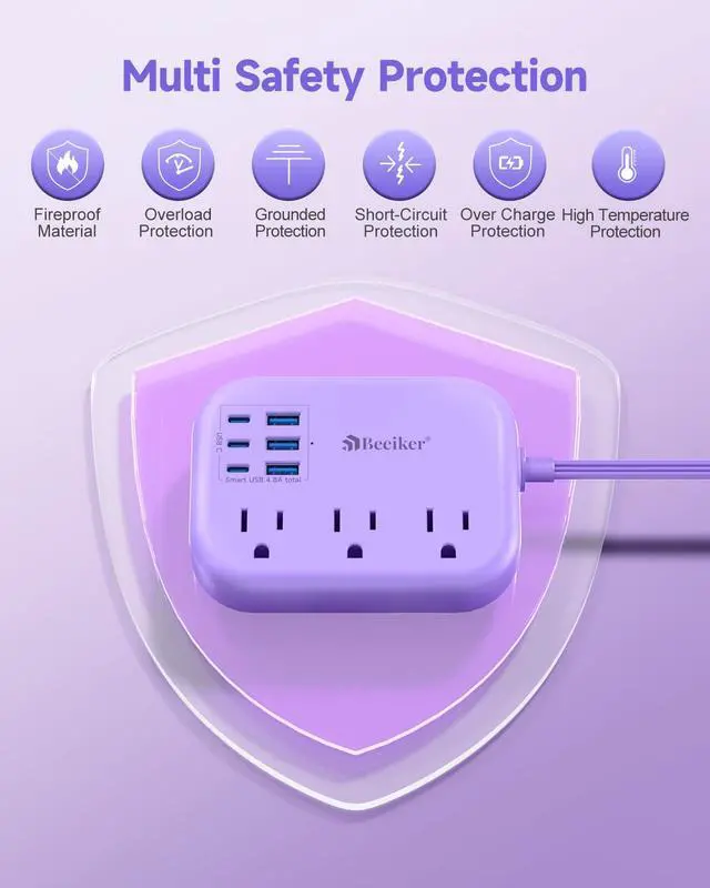 Alt view image 6 of 7 - 6 USB (3 USB C) Purple Travel Power Strip, 5Ft Extension Cord, 3 Outlets | 24W USB Charging Station,5Ft Purple Extension Cord,Desk Accessories,For Cruise Travel,Kawaii Lavender,Home Office Dorm Room
