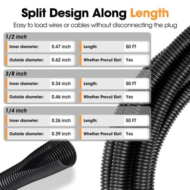 Alt view image 3 of 6 - Wire Loom 1/4", 1/2", 3/8 Inch x 50 FT, Split Wire Loom Tubing Wire Conduit, Cable Sleeves Bulk Flexible Electrical Conduit Protective kit