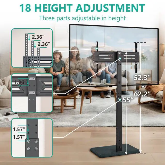 Alt view image 3 of 7 - Floor TV Stand with Power Outlet, Tall TV Stand Mount for 32-75 inch TV up to 110 lbs, Swivel and Height Adjustable TV Stands with Wood Base for Bedroom, Living Room(TVDVD-7P), Black