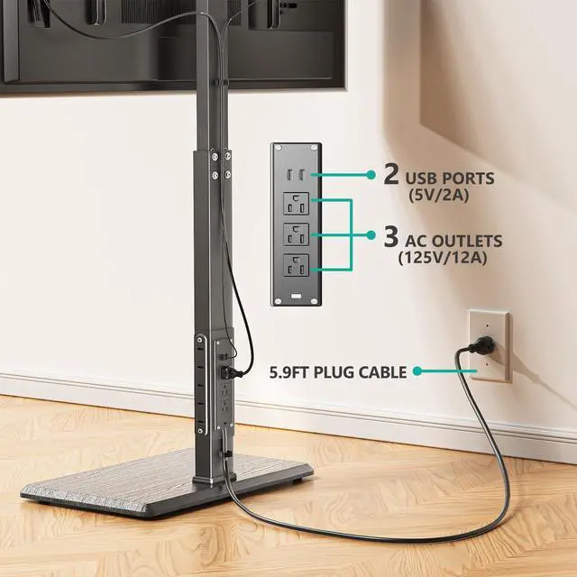 Alt view image 5 of 7 - Floor TV Stand with Power Outlet, Tall TV Stand Mount for 32-75 inch TV up to 110 lbs, Swivel and Height Adjustable TV Stands with Wood Base for Bedroom, Living Room(TVDVD-7P), Black