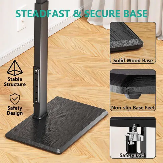 Alt view image 6 of 7 - Floor TV Stand with Power Outlet, Tall TV Stand Mount for 32-75 inch TV up to 110 lbs, Swivel and Height Adjustable TV Stands with Wood Base for Bedroom, Living Room(TVDVD-7P), Black