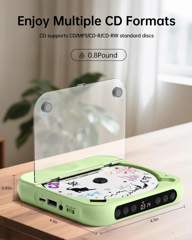 Alt view image 2 of 7 - CD Player Portable with Dual Stereo Speakers, Rechargeable Portable Player with Bluetooth for Home with Headphones, Support CD/AUX/USB,Green