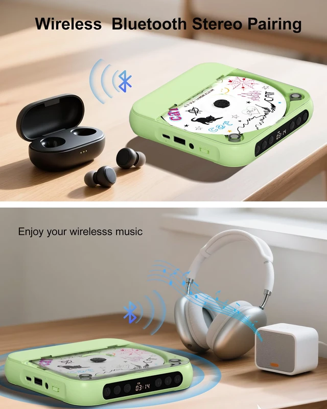 Alt view image 4 of 7 - CD Player Portable with Dual Stereo Speakers, Rechargeable Portable Player with Bluetooth for Home with Headphones, Support CD/AUX/USB,Green
