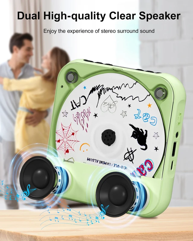 Alt view image 5 of 7 - CD Player Portable with Dual Stereo Speakers, Rechargeable Portable Player with Bluetooth for Home with Headphones, Support CD/AUX/USB,Green