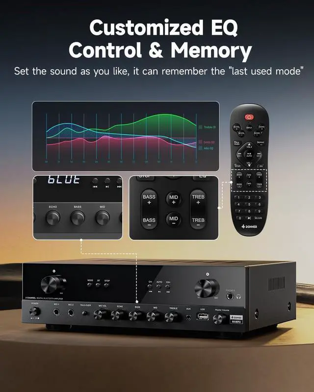 Alt view image 6 of 7 - Stereo Audio Amplifier, 600W Peak 2 Channel Receiver with Bluetooth 5.3, Phono, Optical, Coaxial, USB, FM, 2 Mic-in, Aux, RCA Input for Home, Karaoke, Theater Speakers, MAMP2