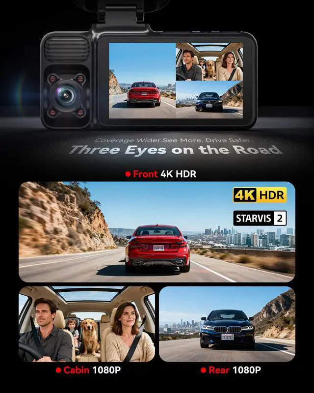 Alt view image 2 of 7 - F17 4K 3CH Dash Cam, STARVIS 2 Sensor HDR, 64GB Card, 5.8GHz WiFi | 2160P+1080P*2 Front Inside and Rear, 4 IR Night Vision, G-Sensor, GPS Tracking, Exclusive App, WDR Car Camera, Parking Mode
