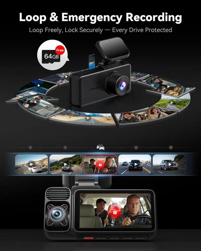 Alt view image 6 of 7 - F17 4K 3CH Dash Cam, STARVIS 2 Sensor HDR, 64GB Card, 5.8GHz WiFi | 2160P+1080P*2 Front Inside and Rear, 4 IR Night Vision, G-Sensor, GPS Tracking, Exclusive App, WDR Car Camera, Parking Mode