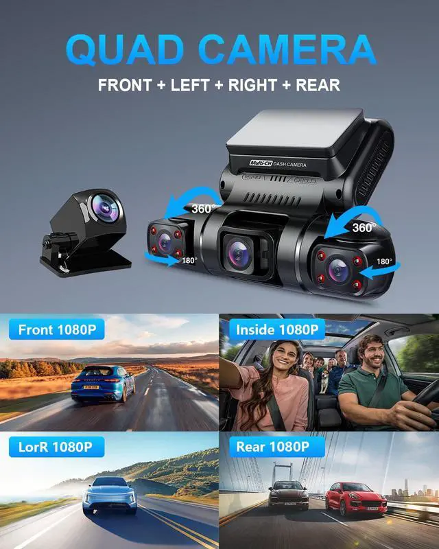 Alt view image 3 of 7 - 360° 4 Channel Dash Cam Front and Rear Inside Left Right, Dash Camera for Cars, Built-in GPS WiFi Night Vision, 24/7 Recording Parking Mode Monitor, 128G Card Included
