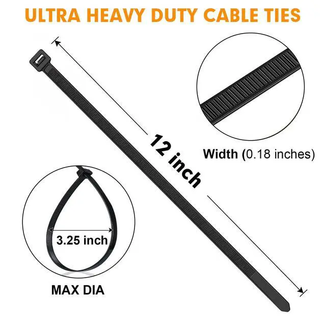 Alt view image 2 of 7 - 1200pcs Black Cable Zip Ties 12 Inch, Heavy Duty Plastic Nylon Tie Wraps with 50lb Tensile Strength for Indoor & Outdoor