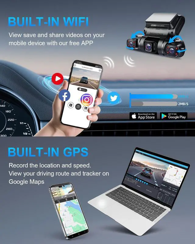 Alt view image 7 of 7 - 360° 4 Channel Dash Cam Front and Rear Inside Left Right, Dash Camera for Cars, Built-in GPS WiFi Night Vision, 24/7 Recording Parking Mode Monitor, 128G Card Included