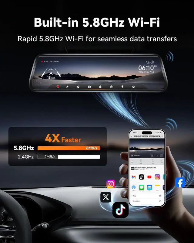 Alt view image 3 of 7 - G930 10'' 4K Rear View Mirror Camera with 64GB Card,5.8GHz WiFi | Dash Cam Front and Rear with WDR,Touch Screen Rearview Mirror Backup Camera,Night Vision,Parking Monitor,Reverse Assist,GPS