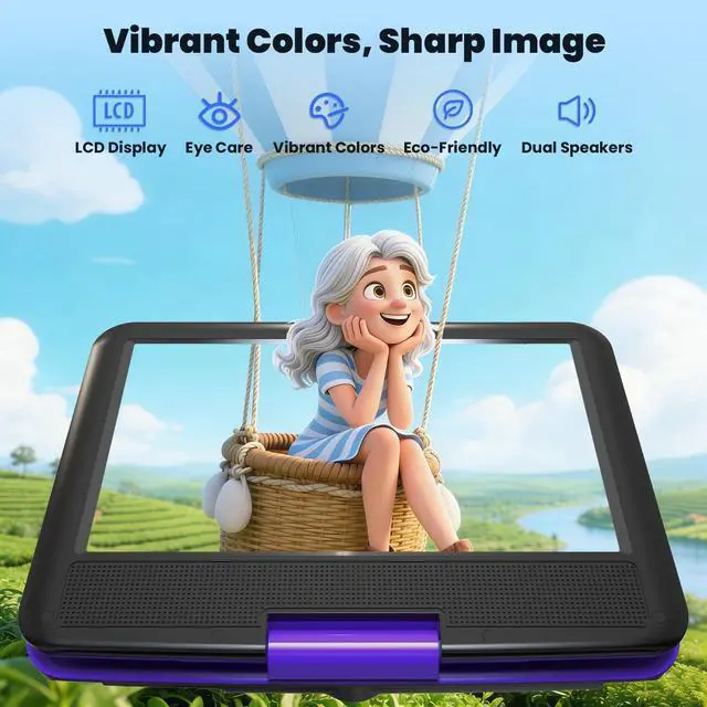 Alt view image 2 of 7 - 11.5" Portable DVD Player, 9.5" HD Screen, Car Travel, Purple | Kids Entertainment, 5-Hour Battery, USB/SD Playback, TV Sync, Region Free, Resume Playback, DVD/CD Formats
