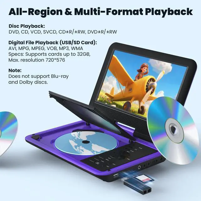 Alt view image 4 of 7 - 11.5" Portable DVD Player, 9.5" HD Screen, Car Travel, Purple | Kids Entertainment, 5-Hour Battery, USB/SD Playback, TV Sync, Region Free, Resume Playback, DVD/CD Formats