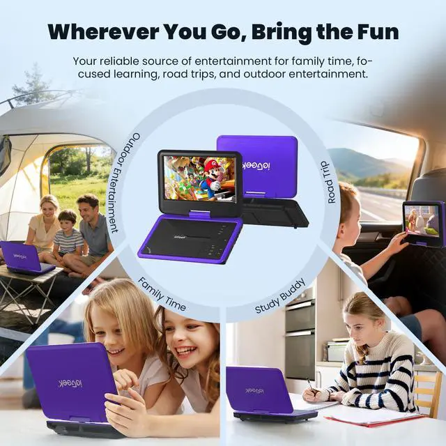 Alt view image 6 of 7 - 11.5" Portable DVD Player, 9.5" HD Screen, Car Travel, Purple | Kids Entertainment, 5-Hour Battery, USB/SD Playback, TV Sync, Region Free, Resume Playback, DVD/CD Formats