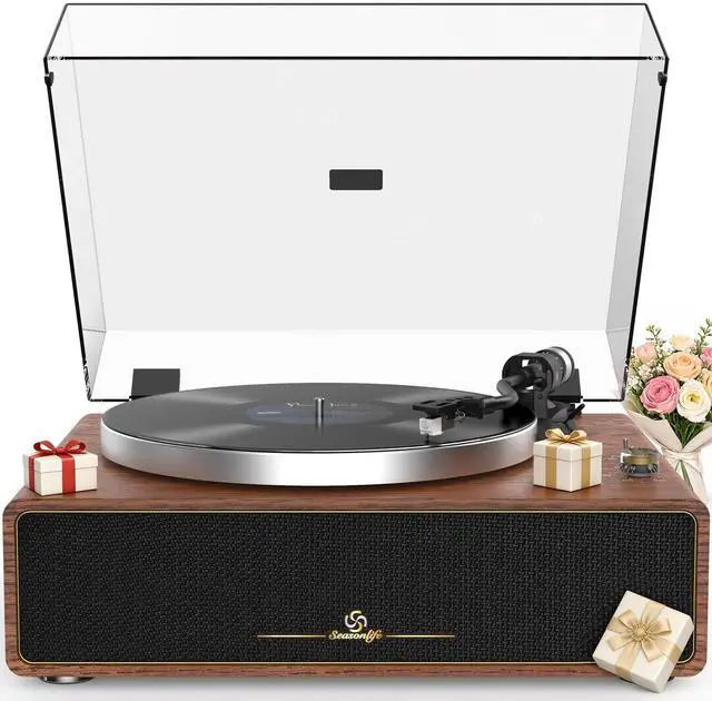Main image of ® All-in-One Record Player with 4 Speakers & Bluetooth, Brown | Belt-Drive Vinyl Player, AT3600L Magneti Cartridge, Built-in 4 Speakers, Adjustable Counterweight,Auto-Stop,RCA/AUX Output