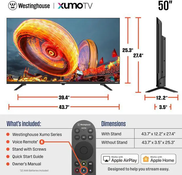 Alt view image 7 of 7 - 50-inch Smart TV, 4K UHD Xumo TV w/ HDR10, Voice Remote, Dolby Vision, Dolby Atmos, Edgeless, Flat Screen LED Television w/Bluetooth, Apple AirPlay, Wi-Fi & Mobile Connectivity