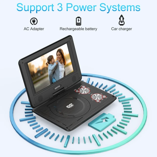 Alt view image 5 of 6 - 11.5" Portable DVD Player with 9.5" Swivel Screen, 5-Hours Rechargeable Battery,Car DVD Player,Support CD/DVD/SD Card/USB,Regions Free,Dual Speakers, Black