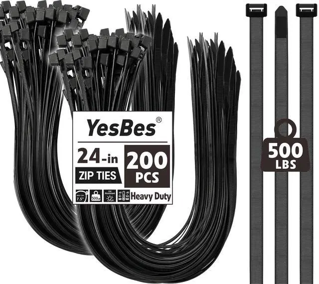 Main image of 200 PCS Zip Ties 24 Inch Heavy Duty, Large Cable Ties 500lbs Tensile Strength, Black Zip Ties for Indoor and Outdoor Use, UV Resistant Wire Ties