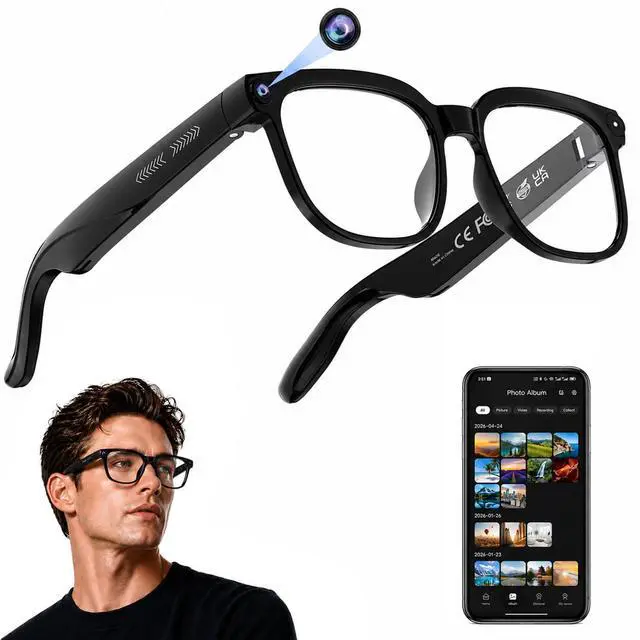 Main image of AI Smart Glasses with Camera, 4K HD Video & Photo Capture, Real-Time Translation, Recording Glasses with AI Assistant, Open-Ear Audio, Object Recognition, Bluetooth, for Travel (Transparent Lens)