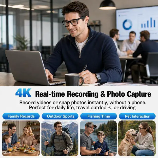 Alt view image 3 of 7 - AI Smart Glasses with Camera, 4K HD Video & Photo Capture, Real-Time Translation, Recording Glasses with AI Assistant, Open-Ear Audio, Object Recognition, Bluetooth, for Travel (Transparent Lens)