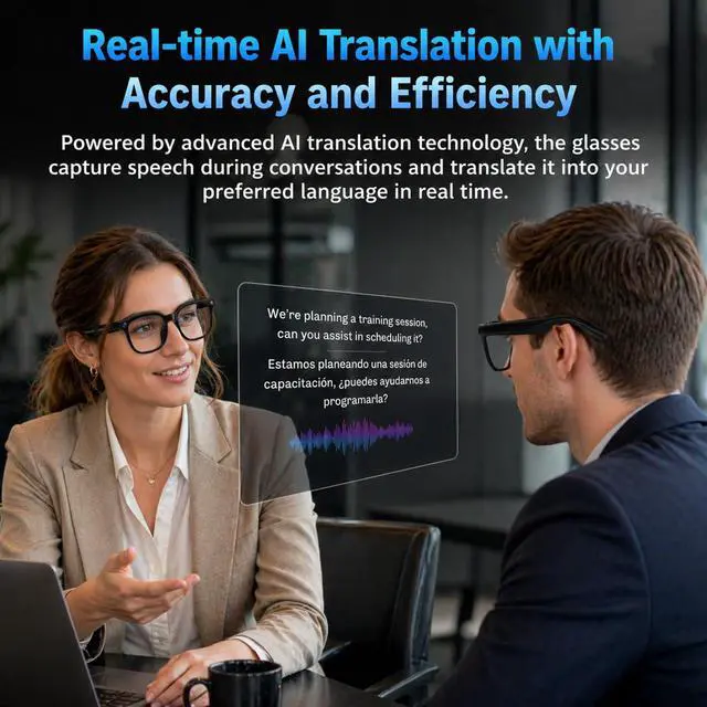 Alt view image 4 of 7 - AI Smart Glasses with Camera, 4K HD Video & Photo Capture, Real-Time Translation, Recording Glasses with AI Assistant, Open-Ear Audio, Object Recognition, Bluetooth, for Travel (Transparent Lens)