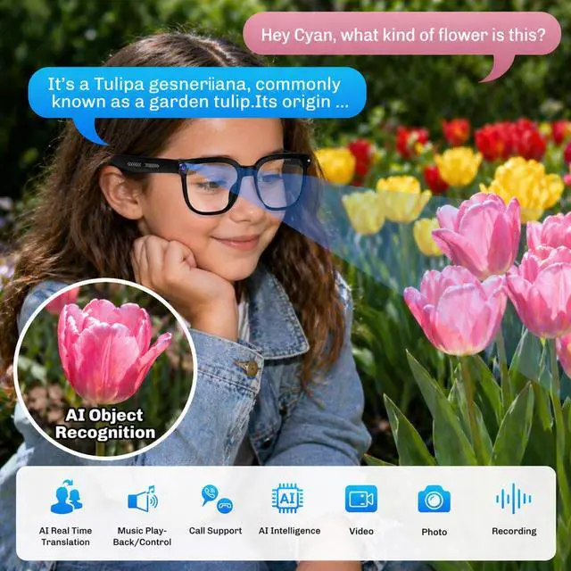 Alt view image 5 of 7 - AI Smart Glasses with Camera, 4K HD Video & Photo Capture, Real-Time Translation, Recording Glasses with AI Assistant, Open-Ear Audio, Object Recognition, Bluetooth, for Travel (Transparent Lens)
