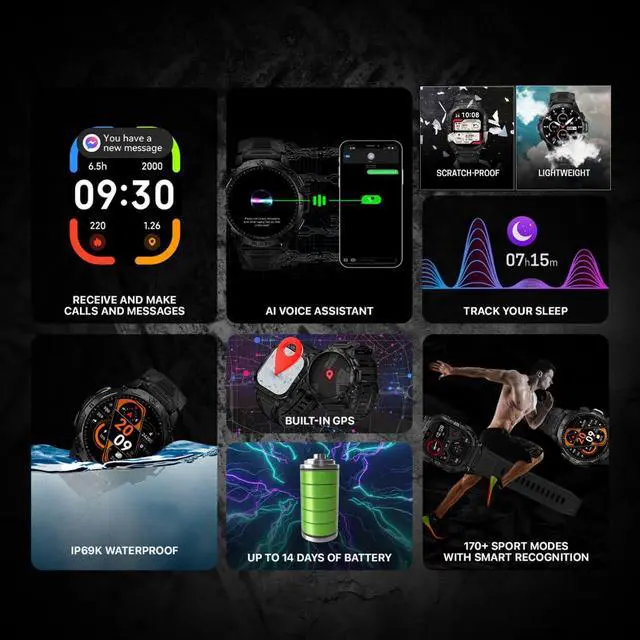 Alt view image 4 of 7 - Blaze Smart Watch with GPS Rugged Fitness Trackers, IP69K Waterproof, 170+ Sports Modes, Gorilla Glass, Make/Receive Calls, Android & iOS Compatible