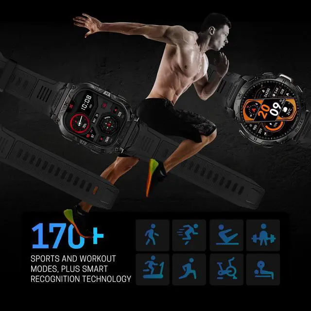 Alt view image 7 of 7 - Blaze Smart Watch with GPS Rugged Fitness Trackers, IP69K Waterproof, 170+ Sports Modes, Gorilla Glass, Make/Receive Calls, Android & iOS Compatible